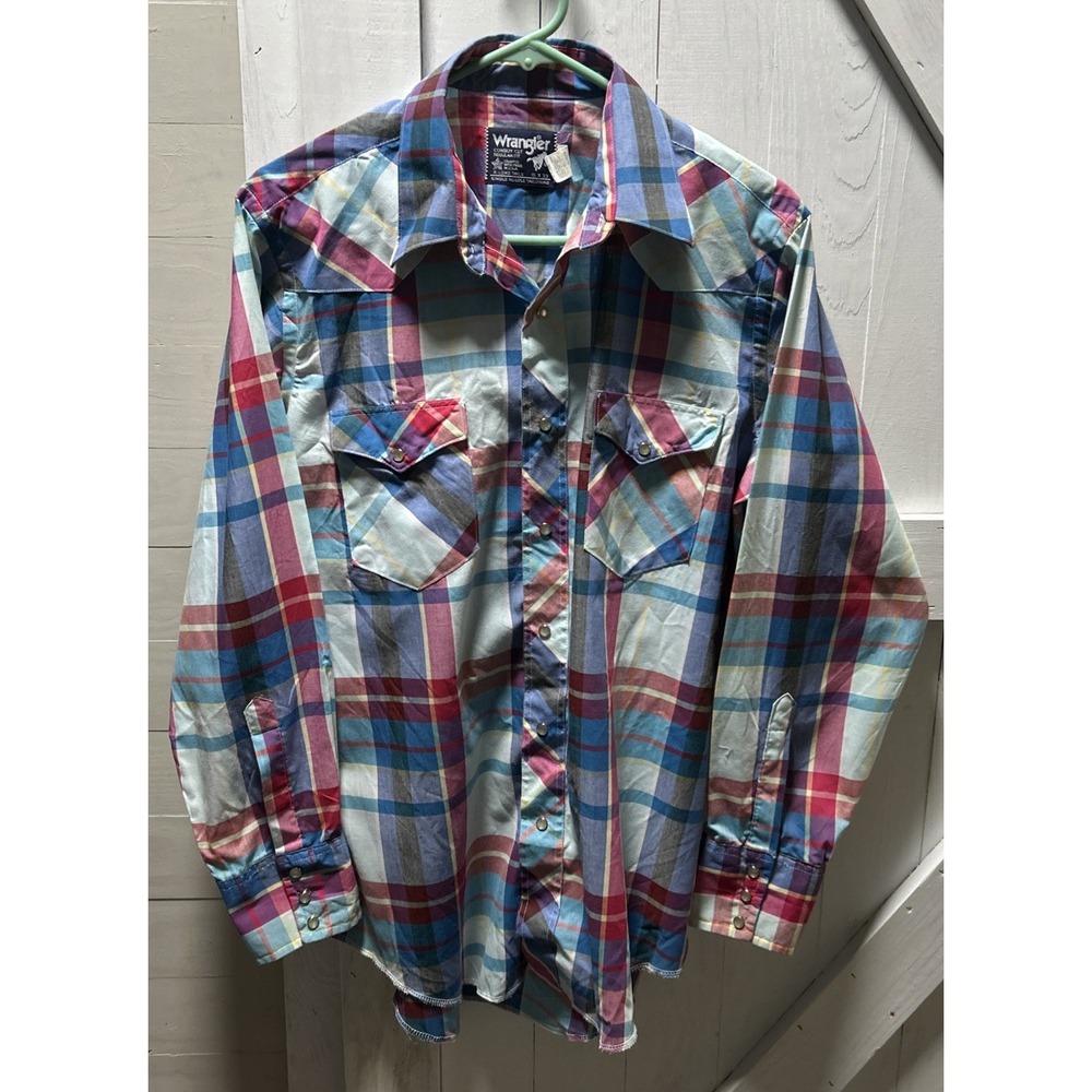 Vtg USA Wrangler Pearl Snap Shirt Mens 16 x 33 Plaid Cowboy Cut X Long Tails